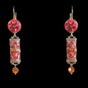 Joan Rivers Red Enamel Flower Drop Earrings Gold Plated Leverbacks Pierced Vtg